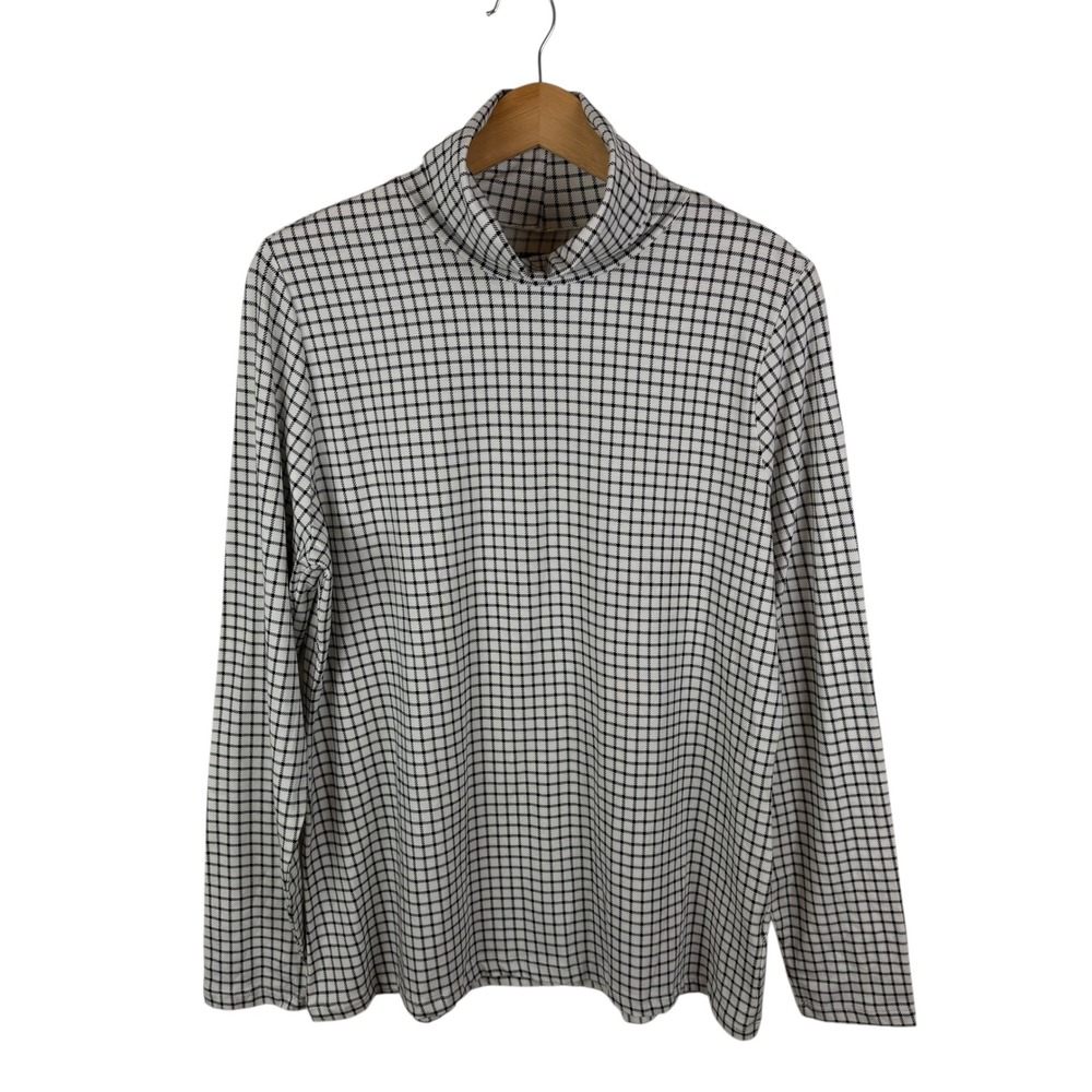Lands End Houndstooth Grid Print Turtleneck Top XL Shaped Fit Stretch Minimalist